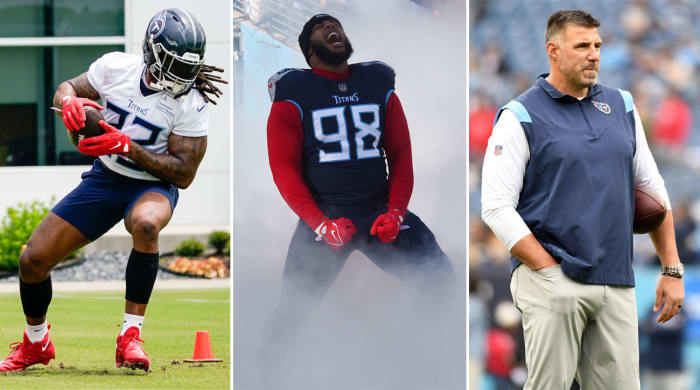 Derrick Henry leans to turn with the ball in his hand; Jeffery Simmons flexes his fist at his hips and yells in celebration, surrounded by smoke; Mike Vrabel stands with one football under his arm